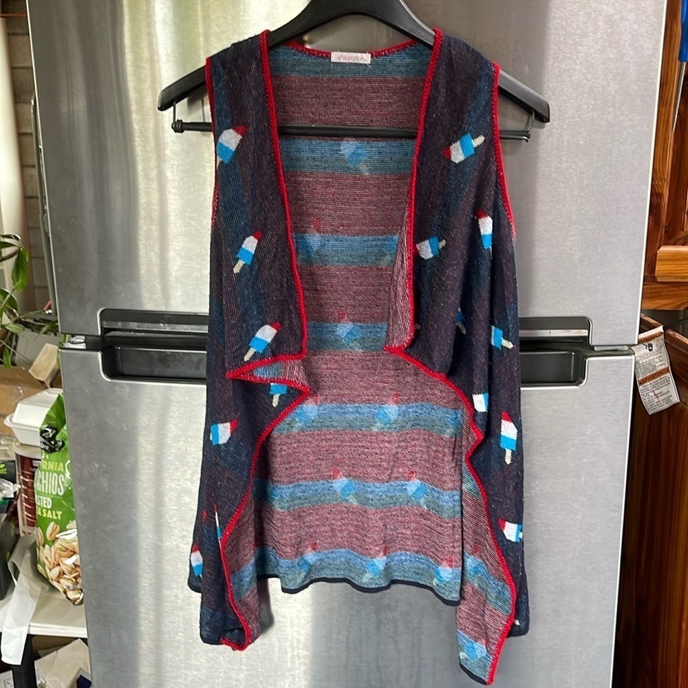 Xhilaration women’s small open cardigan, red white, and blue sweater‎ popsicle.